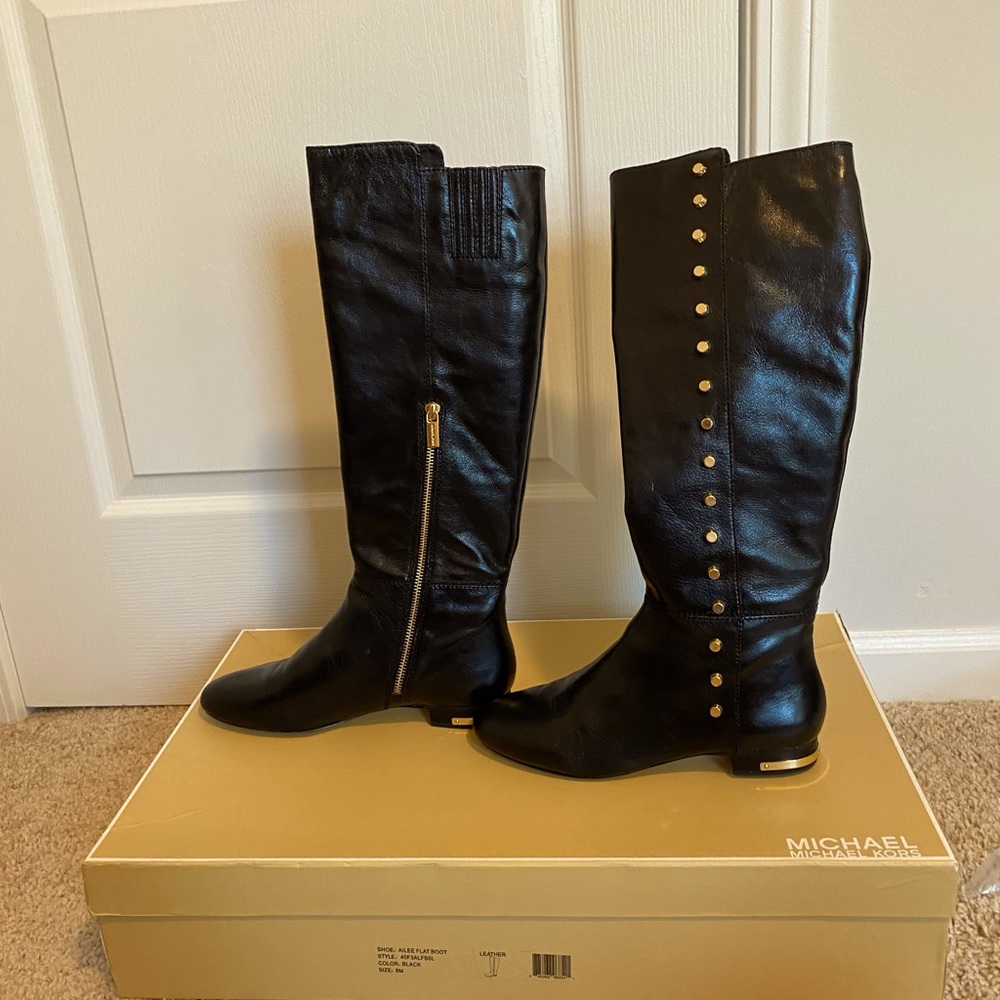 Micheal Kors Ailee Black Leather And Gold Studded Boot